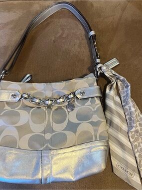 Coach Silver & Light Gray Signature Shoulder Bag with Scarf